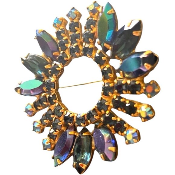 Vintage Aurora Borealis Rhinestone Circle Brooch Pin Gold-Tone Flower Design - Picture 5 of 5